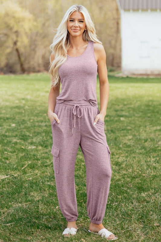 Solid Tank Top & Drawstring Jogger Pants Set