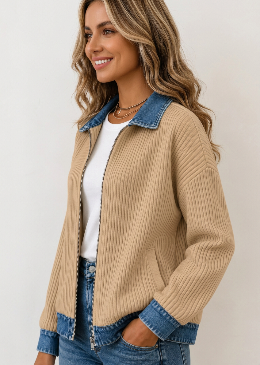 Full Size Denim-Collar Ribbed Knit Zip-Up Jacket Plus Size - Poet Street Boutique