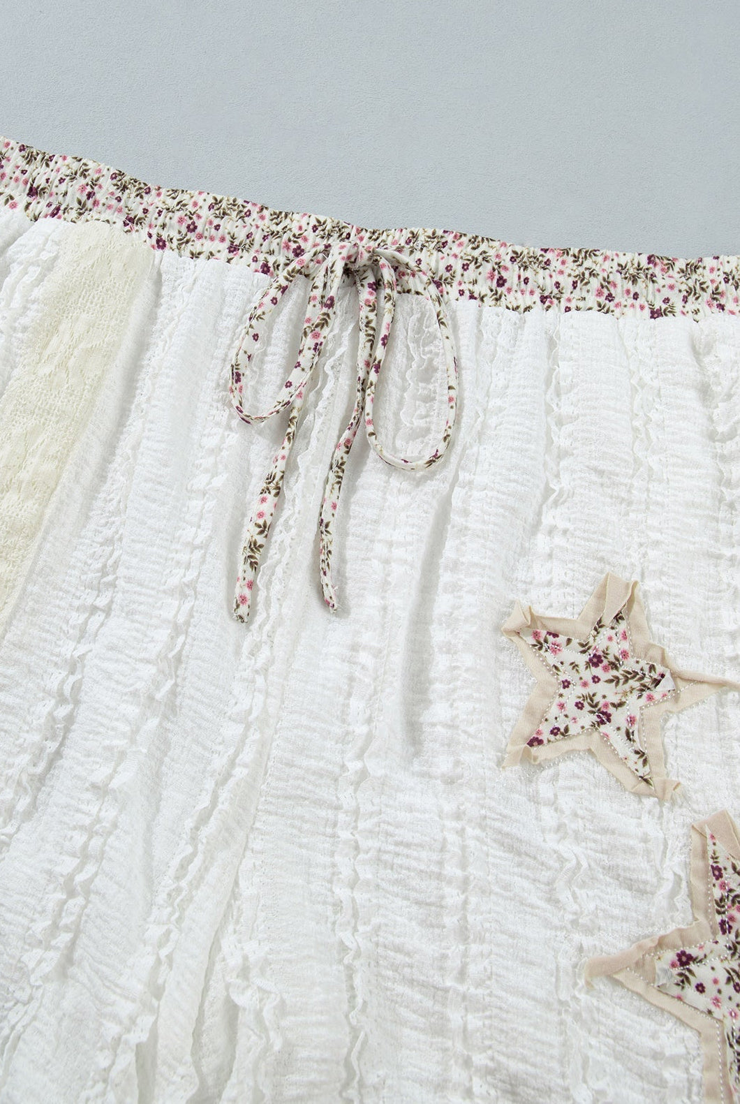 Floral Textured Lace Star Patch Drawstring Shorts