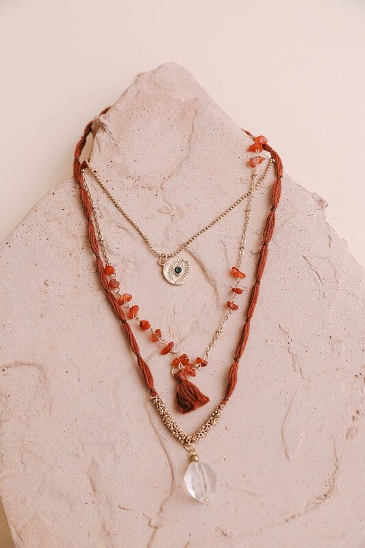 Carnelian & Crystal Drop Multi Layered Necklace layered crystal and bead necklace Poet Street Boutique Rust As Shown 