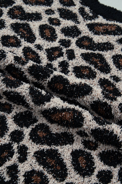 Leopard Star Patchwork Round Neck Fuzzy Sweater