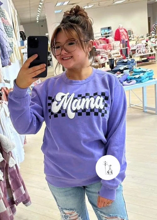 Checkered Mama Puff Print Sweatshirt graphic sweatshirt Poet Street Boutique Medium Purple 