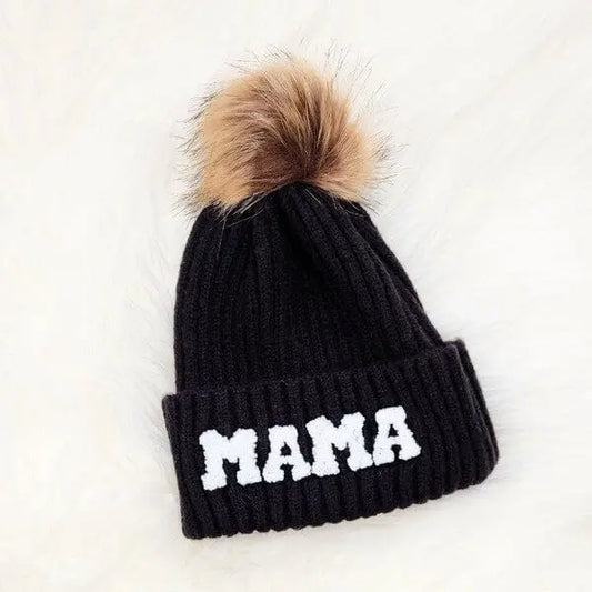 Chenille Mama Patch Faux Fur Pom Beanie Cap Mama winter hat Poet Street Boutique Black 1