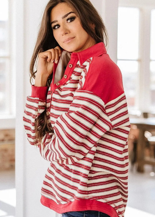 Collared Button Drop Shoulder Oversized Blouse Striped shirt Poet Street Boutique RED SW25129317-P319 M