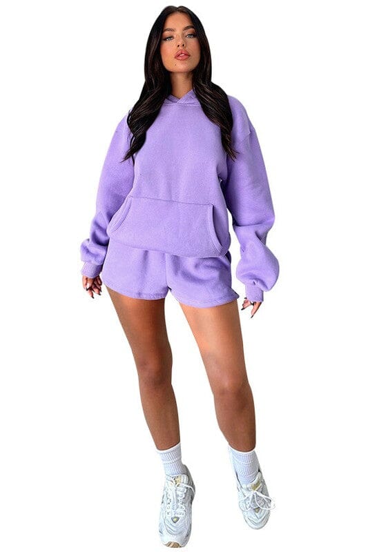 Comfy Two Piece Hoodie and Short Set Jeresy fleece Hoodie and short set Poet Street Boutique PURPLE L 