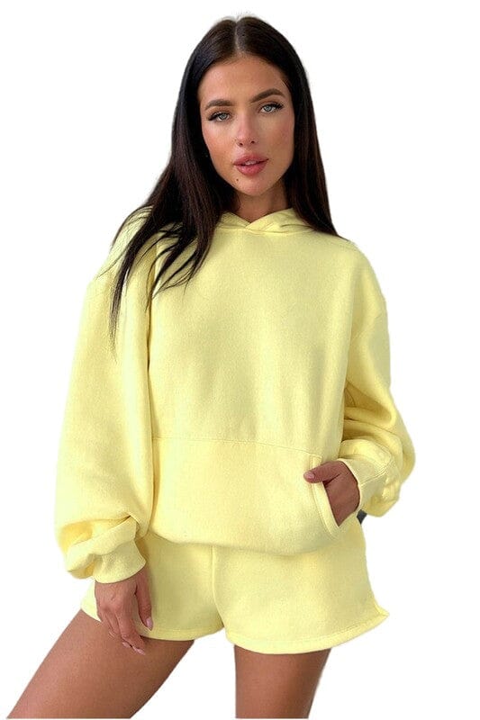 Comfy Two Piece Hoodie and Short Set Jeresy fleece Hoodie and short set Poet Street Boutique YELLOW L 