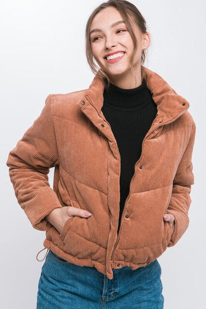 Corduroy Puffer Jacket with Toggle Detail puffer corduroy jacket Love Tree CAMEL S 