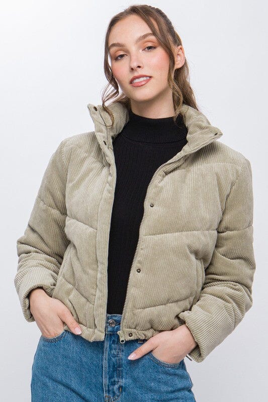 Corduroy Puffer Jacket with Toggle Detail puffer corduroy jacket Love Tree MOSS S 