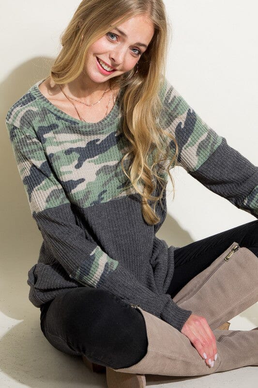 Cozy Camo Waffle Mixed Top waffle knit camo top Poet Street Olive S 