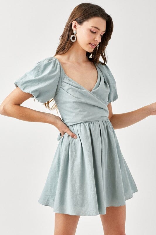 Cross Wrap Puff Sleeve Dress mimi wrap dress Mustard Seed BLUE SAGE S 