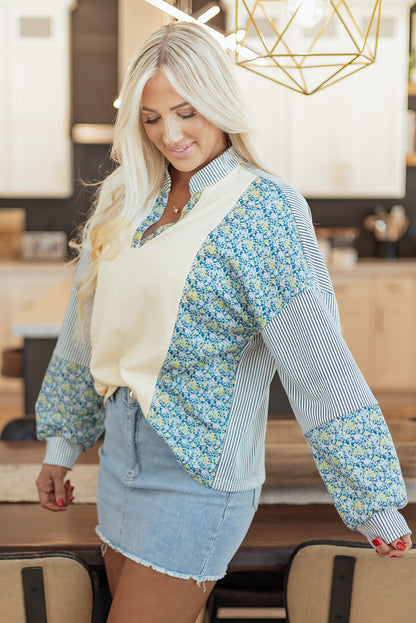 Floral Stripe Collared V-Neck 50/50 Sweatshirt