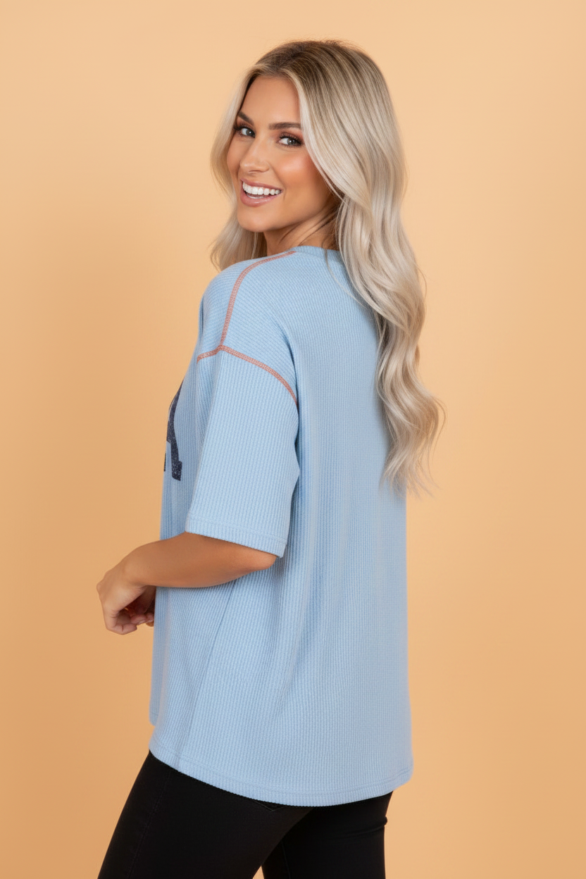 USA Corded Knit Short Sleeve Graphic Top