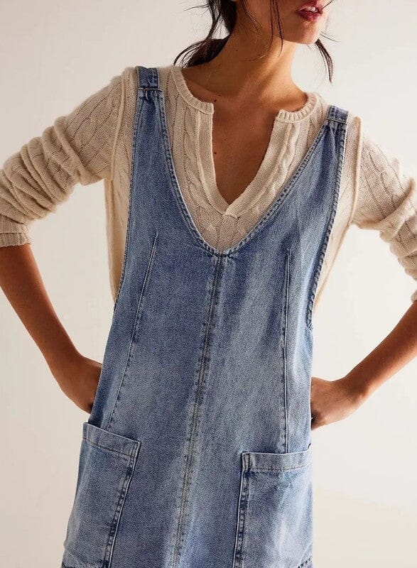 Denim scoop neck overall dress Miss Sparkling Light Blue S 