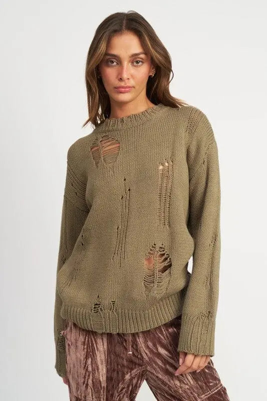 DISTRESSED OVERSIZED SWEATER Emory Park OLIVE S
