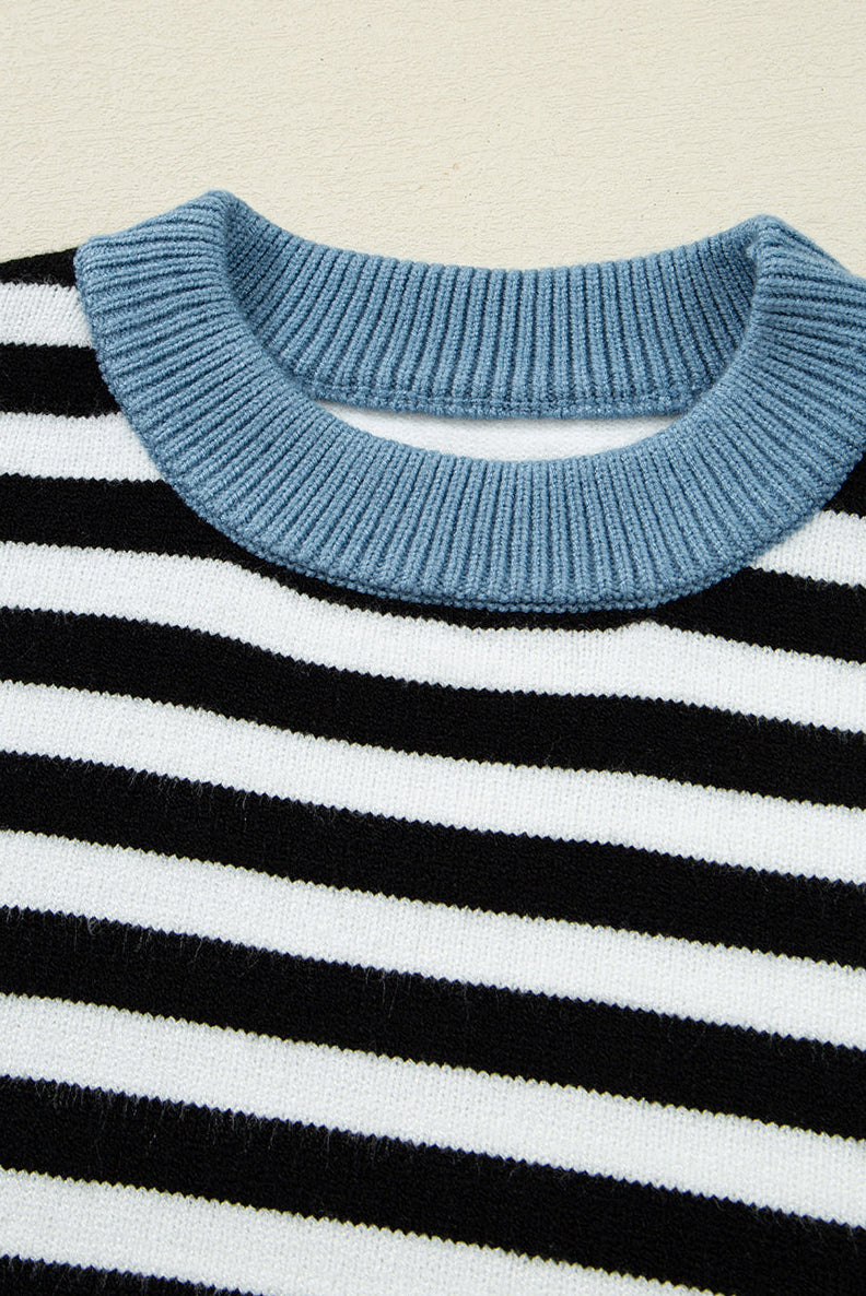 Stripe Colorblock Ribbed Trim Long Sleeve Sweater