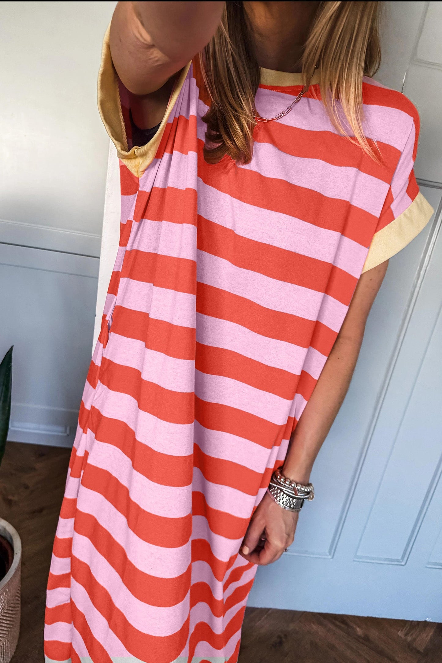 Stripe Cuffed Short Sleeve T-Shirt Long Dress w/ Pockets