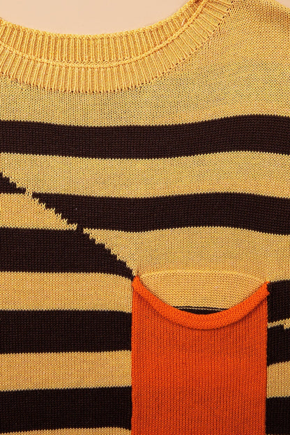 Stripe Colorblock Chest Pocket Drop Shoulder Sweater