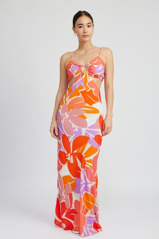 Emory Park Floral Cut Out O Ring Maxi Dress floral print cut out dress Emory Park ORANGE FLORAL S 