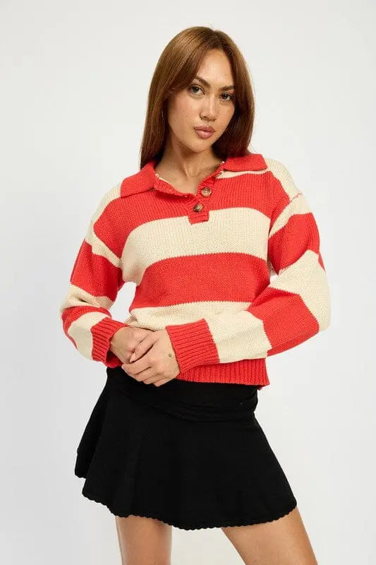 Emory Park Red Striped Collared Sweater striped collared sweater Emory Park RED COMBO S