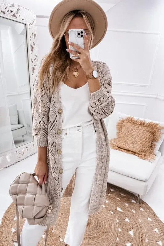 Eyelet Button Down Cardigan EG fashion Beige S