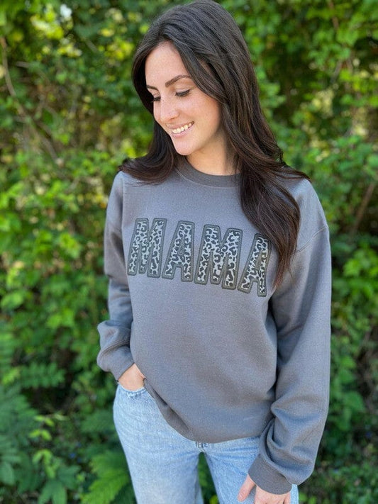 Faux Embroidery Leopard Mama Sweatshirt Ask Apparel charcoal S 