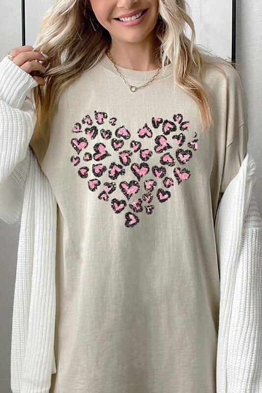 Faux Sequins Leopard Heart Graphic Heavy Cotton T Color Bear SAND S 