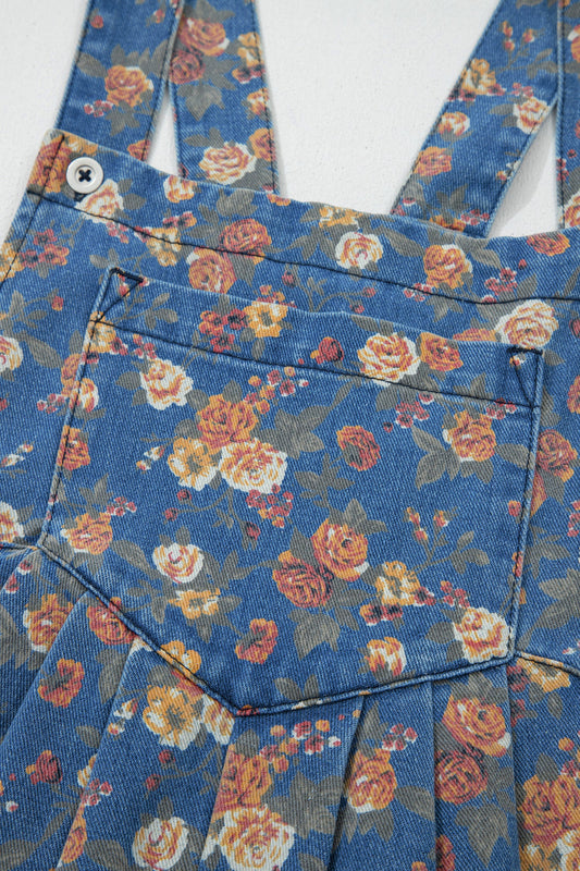 Floral Denim Pleated Wide Leg Jumpsuit