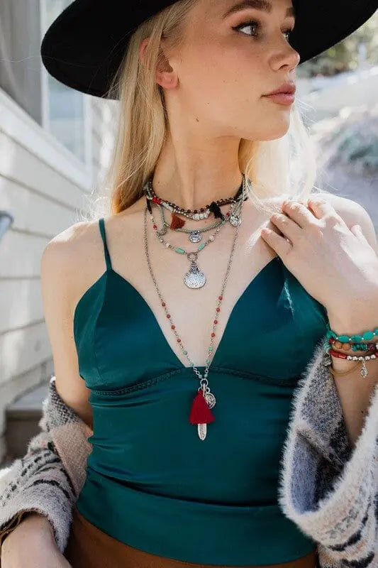 Feather Fringe Multi-Layered Necklace layered feather turq necklace Poet Street Boutique Turquoise One Size