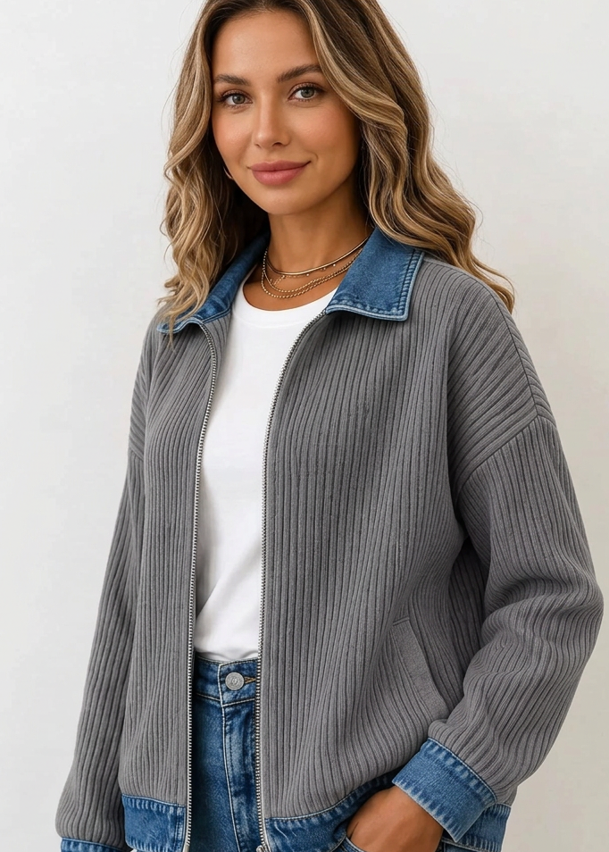 Full Size Denim-Collar Ribbed Knit Zip-Up Jacket Plus Size - Poet Street Boutique