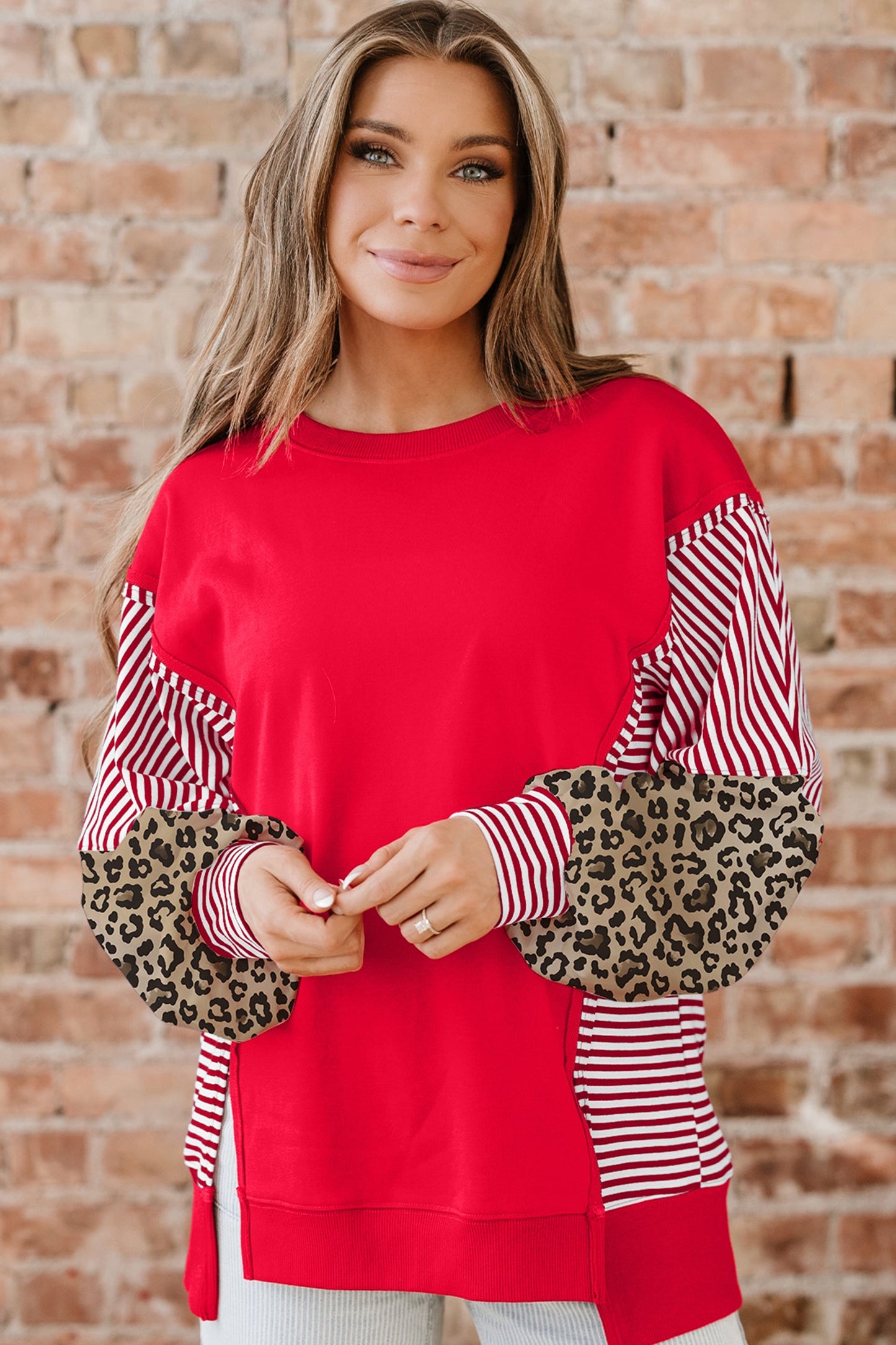 Stripe Leopard Patchwork Long Sleeve Sweatshirt