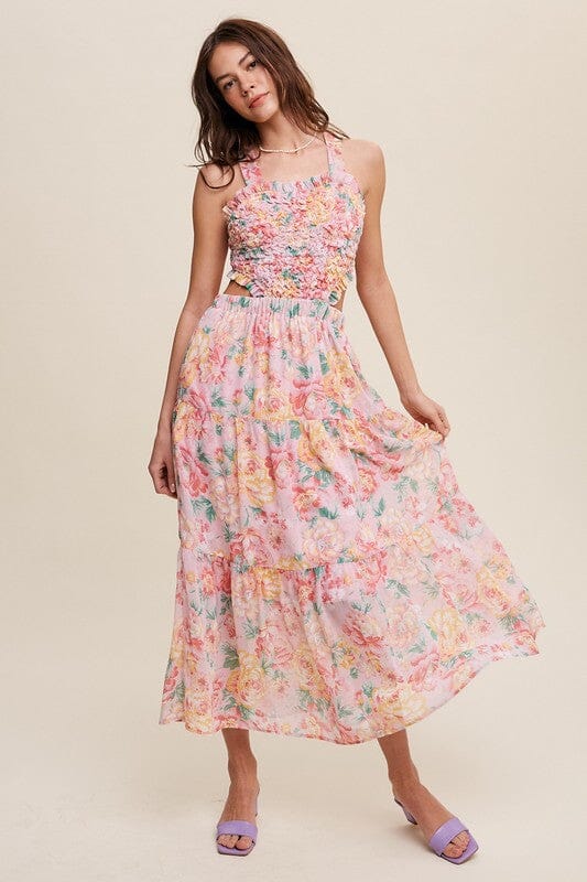 Floral Bubble Textured Two-Piece Style Maxi Dress Listicle Pink S 