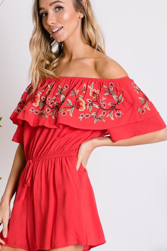 Floral Embroidered Off Shoulder Romper Davi & Dani 