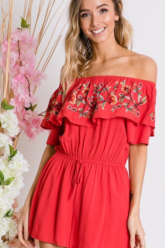 Floral Embroidered Off Shoulder Romper Davi & Dani 