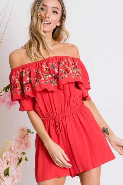 Floral Embroidered Off Shoulder Romper Davi & Dani Coral Red S 