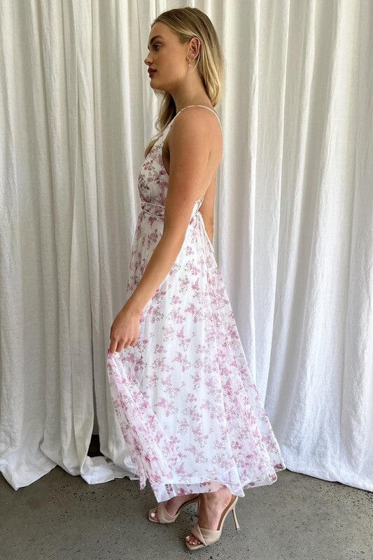Floral Printed Plunging Neck Tulle Maxi Dress One and Only Collective Inc 