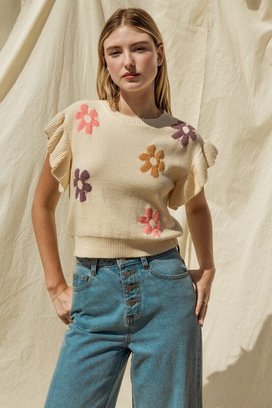 Gilli Ruffle Sleeve Floral Sweater sweater ruffle sleeve Gilli CREAM-MULTI S 