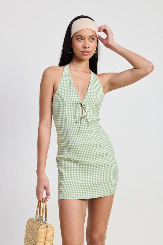 GINGHAM HALTER MINI DRESS Emory Park SAGE S 