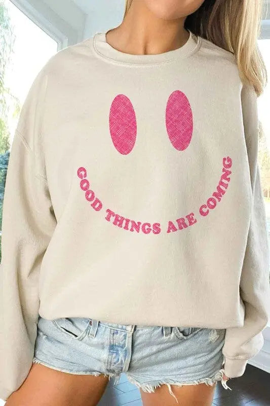 Good Things Are Coming Oversized Sweatshirt graphic oversized sweatshirt Poet Street Boutique SAND S/M
