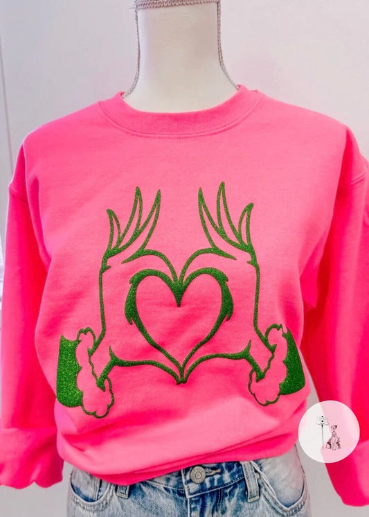 Green Man Heart Hands Puff Print The grinch hands sweatshirt Poet Street Boutique 