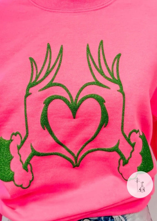 Green Man Heart Hands Puff Print The grinch hands sweatshirt Poet Street Boutique 