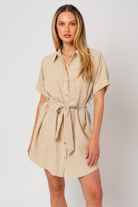 Half Sleeve Button Down Shirt Dress Gilli CREAM-TAUPE STRIPE S 