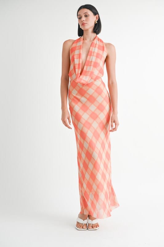 HALTER MAXI SATIN DRESS WITH OPEN BACK Emory Park ORANGE PLAID S 