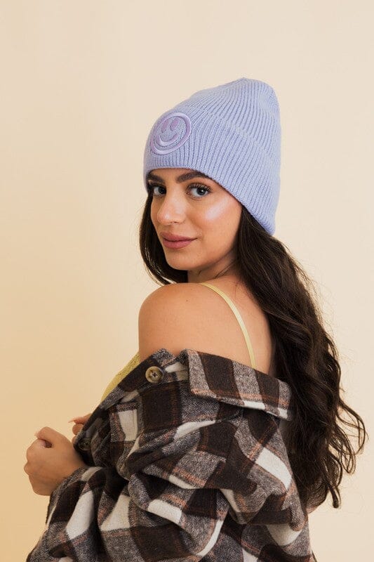 Happy Face Embroidered Ribbed Knit Beanie Leto Accessories 