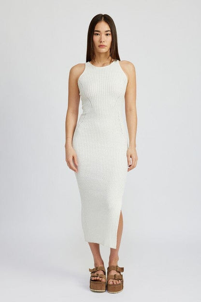 High Neck Side Slit Fitted Midi Dress high side slit midi dress Emory Park WHITE S 