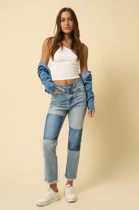 High Rise Frayed Hem Straight Jeans Denim Lab USA MEDIUM 1