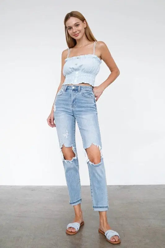 High Waist Destroyed Hem Boyfriend Jeans Denim Lab USA