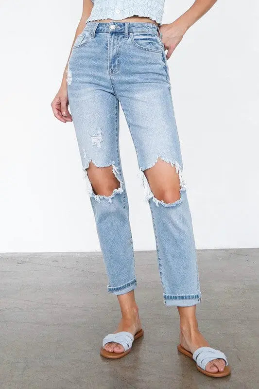 High Waist Destroyed Hem Boyfriend Jeans Denim Lab USA LIGHT 0