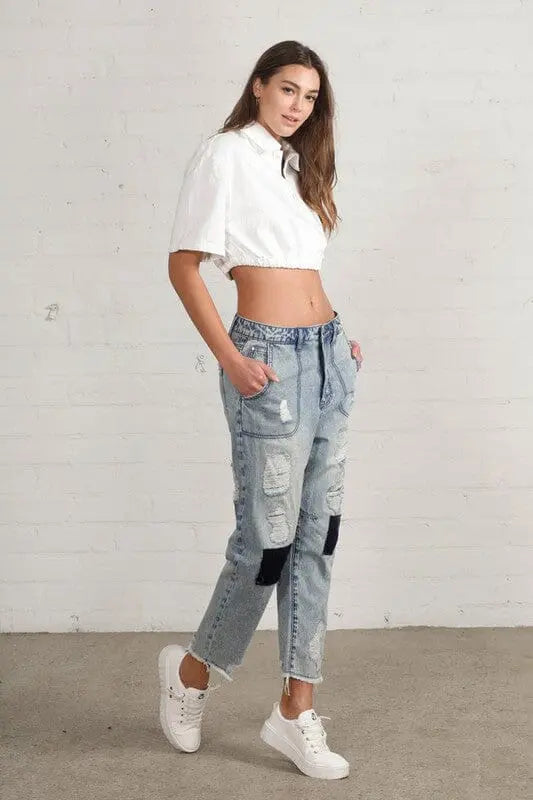 Insane Gene Slouchy Raw Hem Patch Jeans patch work jeans Insane Gene