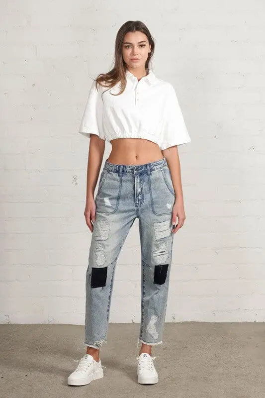 Insane Gene Slouchy Raw Hem Patch Jeans patch work jeans Insane Gene LIGHT XS