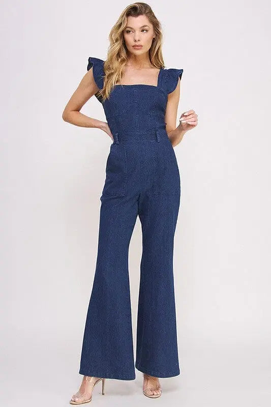 Jade By Jane Denim Ruffle Flare Leg Jumpsuit denim jumpsuit Jade By Jane